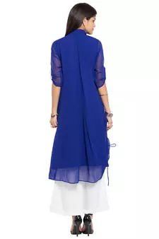 Blue Embroidered Georgette Stitched Long Kurti