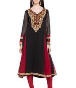 Black Embroidered Georgette Stitched Long Kurti