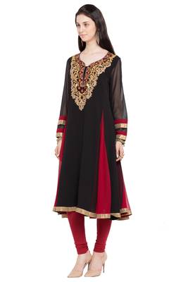 Black Embroidered Georgette Stitched Long Kurti 2