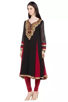 Black Embroidered Georgette Stitched Long Kurti