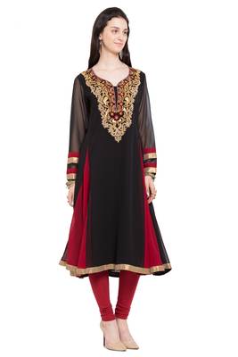 Black Embroidered Georgette Stitched Long Kurti 3
