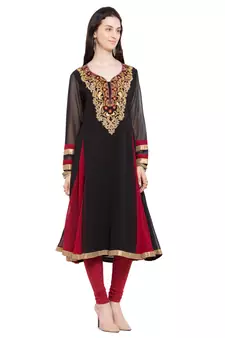 Black Embroidered Georgette Stitched Long Kurti