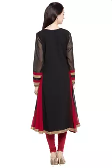 Black Embroidered Georgette Stitched Long Kurti