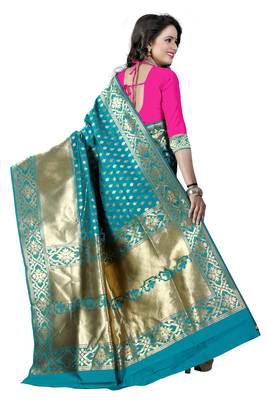 Turquoise Woven Art Silk Saree With Blouse 2