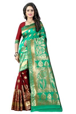 Turquoise Woven Art Silk Saree With Blouse 1