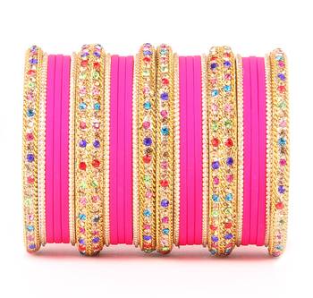 Golden Bracelet With Multi Coloured Stones And Matte Finish Bangle Set For Women 1