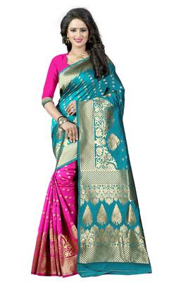Turquoise Banarasi Saree With Blouse 1