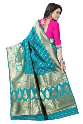 Turquoise Banarasi Saree With Blouse 2