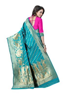 Turquoise Woven Banarasi Saree With Blouse 2