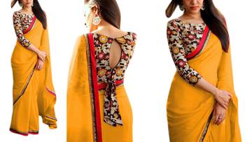 Yellow printed georgette saree with blouse 1