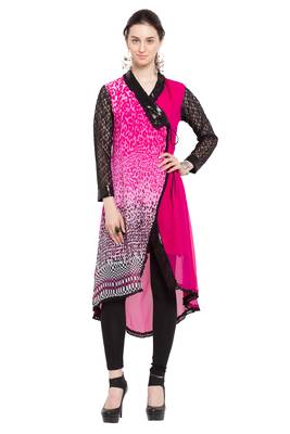 Pink Printed Georgette Stitched Long Kurtis 1