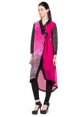 Pink Printed Georgette Stitched Long Kurtis 2