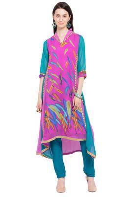 Pink Printed Georgette Stitched Long Kurti 1