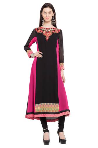 Black Embroidered Georgette Stitched Long Kurti