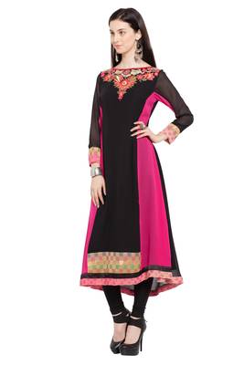 Black Embroidered Georgette Stitched Long Kurti 2