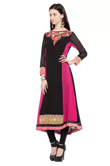 Black Embroidered Georgette Stitched Long Kurti