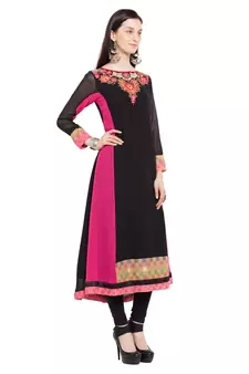 Black Embroidered Georgette Stitched Long Kurti
