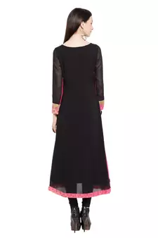 Black Embroidered Georgette Stitched Long Kurti