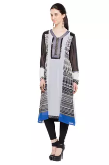 Off White Printed Georgette Stitched Long Kurti