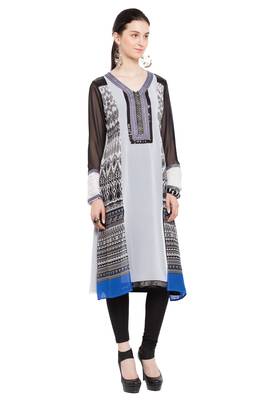 Off White Printed Georgette Stitched Long Kurti 3