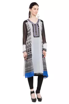 Off White Printed Georgette Stitched Long Kurti