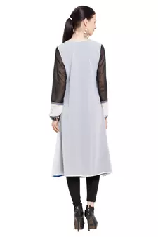 Off White Printed Georgette Stitched Long Kurti