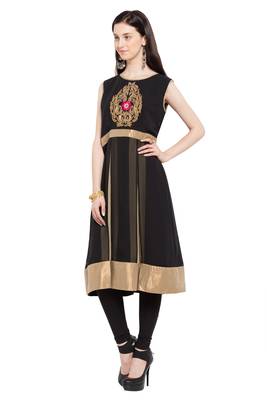 Black Embroidered Georgette Stitched Long Kurti 2