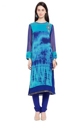 Blue Embroidered Georgette Stitched Long Kurti 1