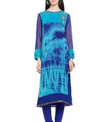 Blue Embroidered Georgette Stitched Long Kurti