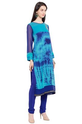 Blue Embroidered Georgette Stitched Long Kurti 2
