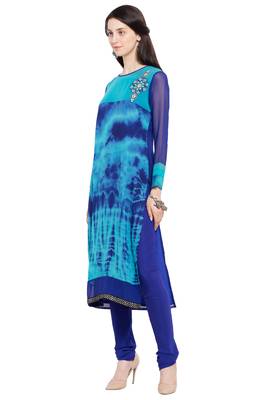 Blue Embroidered Georgette Stitched Long Kurti 3