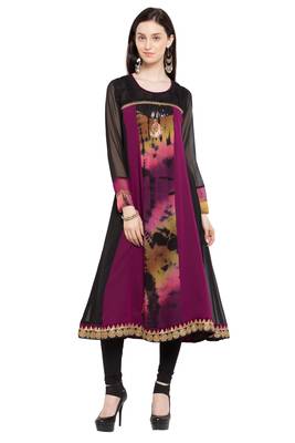 Dark Magenta Embroidered Georgette Stitched Long Kurti 1