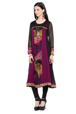 Dark Magenta Embroidered Georgette Stitched Long Kurti 2