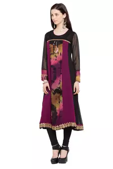 Dark Magenta Embroidered Georgette Stitched Long Kurti