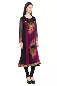 Dark Magenta Embroidered Georgette Stitched Long Kurti