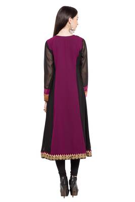 Dark Magenta Embroidered Georgette Stitched Long Kurti 4