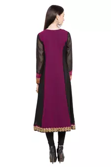 Dark Magenta Embroidered Georgette Stitched Long Kurti