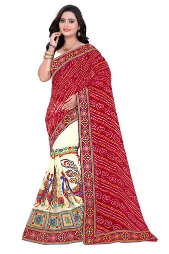 Red Embroidered Georgette Saree With Blouse