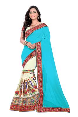 Sky Blue Embroidered Georgette Saree With Blouse 1