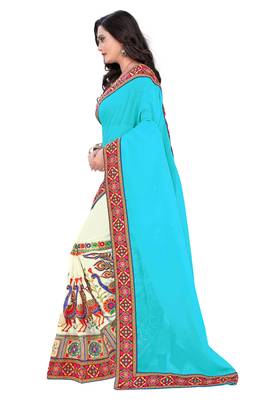 Sky Blue Embroidered Georgette Saree With Blouse 3