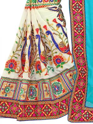 Sky Blue Embroidered Georgette Saree With Blouse 5