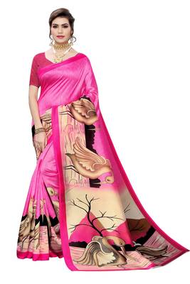 Pink printed art silk saree with blouse 1