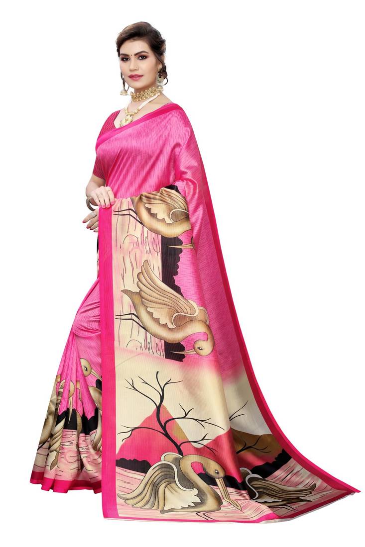 Pink printed art silk saree with blouse