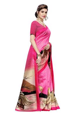 Pink printed art silk saree with blouse 3