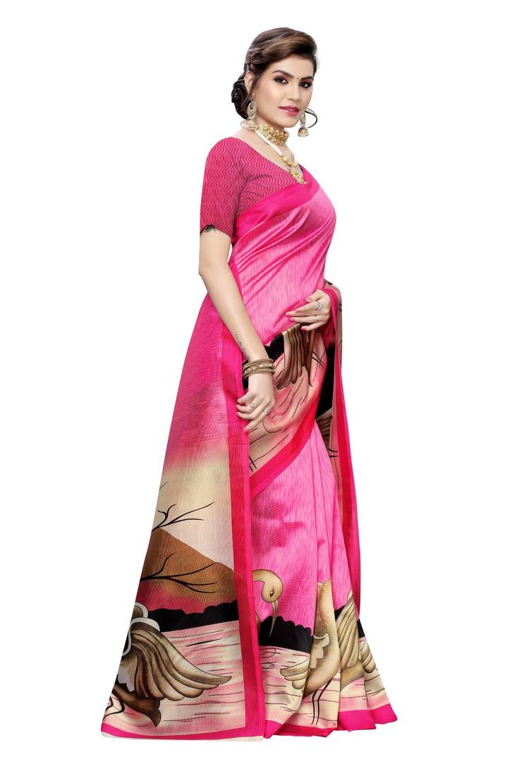 Pink printed art silk saree with blouse