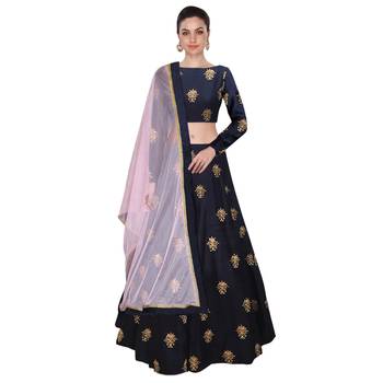  Navy blue embroidered art silk semi stitched lehenga choli material with light pink net dupatta 1