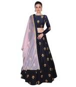  Navy blue embroidered art silk semi stitched lehenga choli material with light pink net dupatta