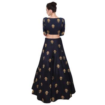  Navy blue embroidered art silk semi stitched lehenga choli material with light pink net dupatta 2