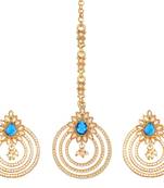 Florescent Blue Stone and White Pearl Emebellished Earring and Maang Tikka Combo set