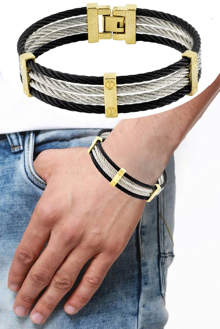 Rope black gold silver 316l surgical stainless steel openable free size kada bangle bracelet for men
